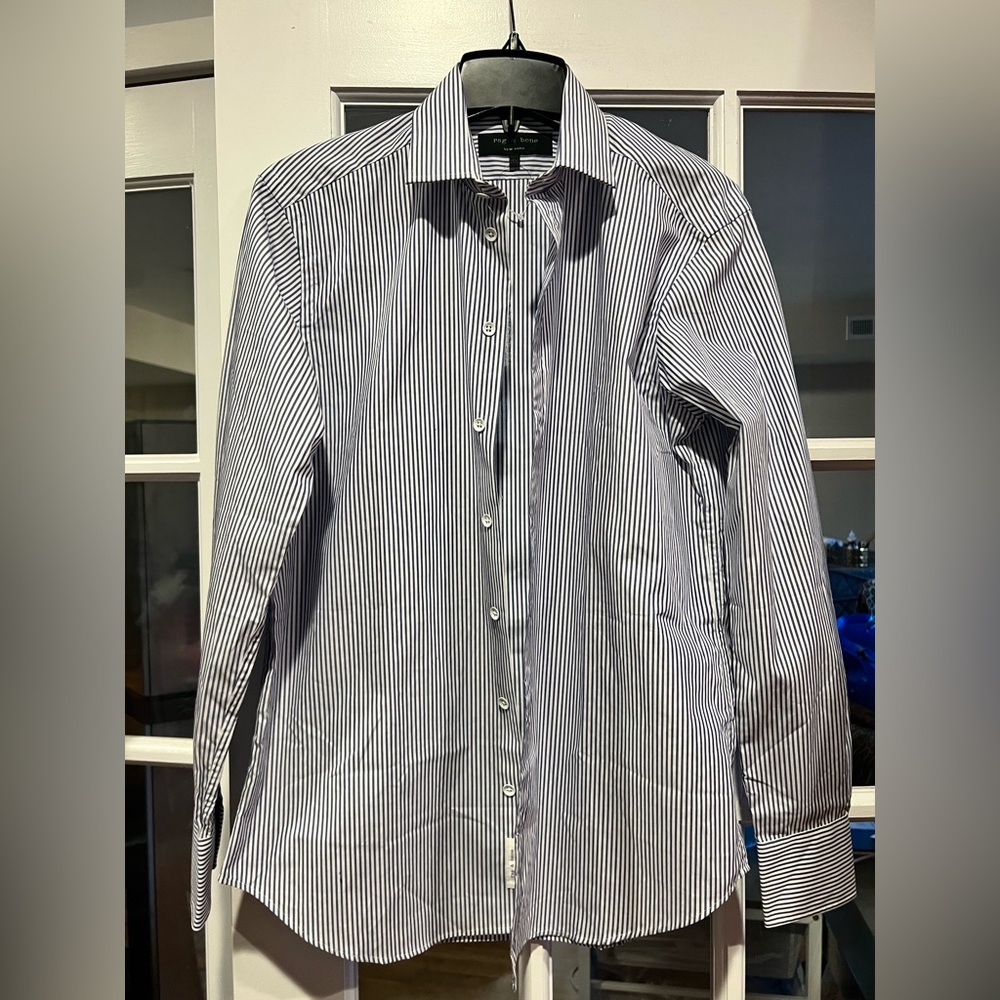 rag & bone Men's Navy and White Pinstripe Dress Shirt